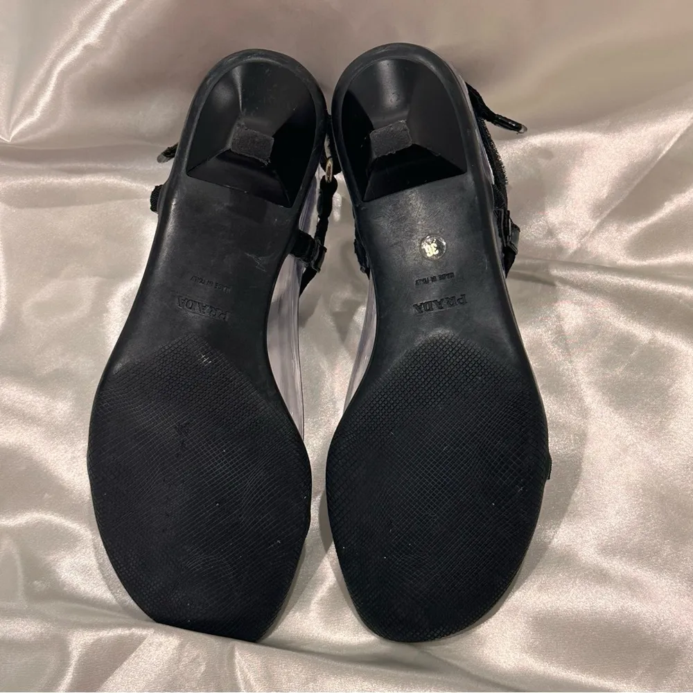 Prada Sport T Strap Sandals Leather Floral Kitten Heels Black Size 6 Vintage Y2K - Image 8