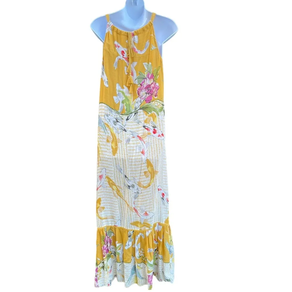 One September Anthropologie Paradiso Gold Koi Embroidery Ruffle Maxi Dress - Image 3