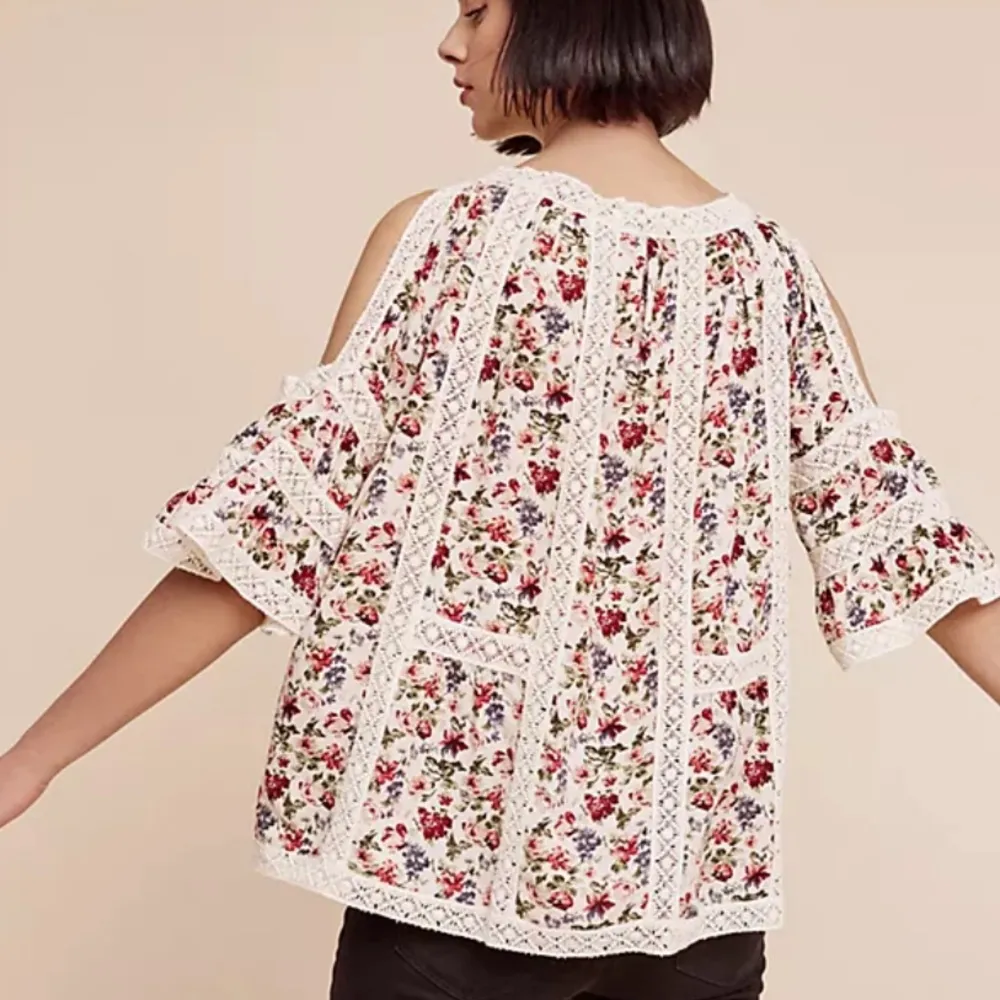 Bell Sleeved, Open Shoulder Lace & Floral Top from Anthropologie size large - Image 2