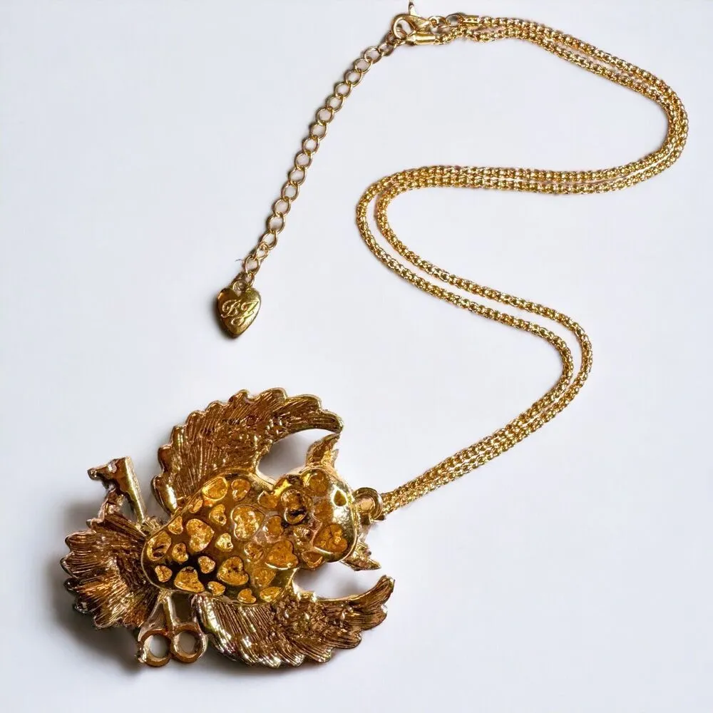 Betsey Johnson Gold Tone Pavé Rhinestone Owl Pendant Necklace Vintage Look - Image 3