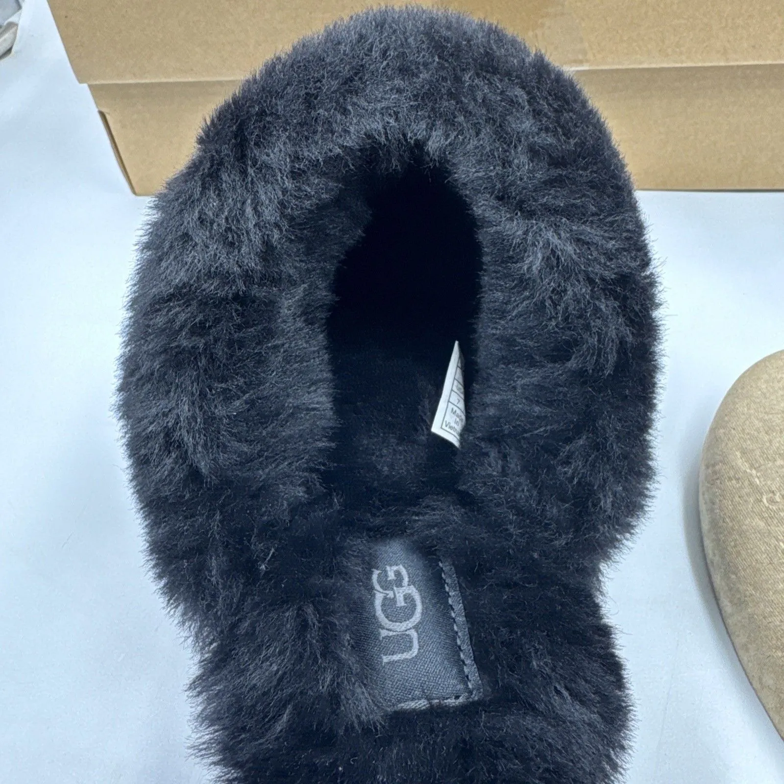 UGG Disquette Black Suede Fur Cuff Slide Platform Slipper Shoes Size 7 Women New - Image 11