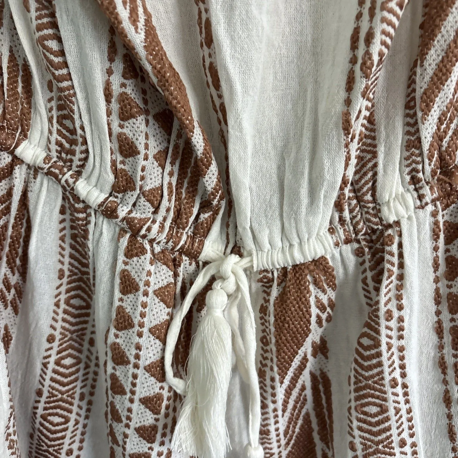 ELAN Small Tan Beige Striped Linen Strapless Wide Leg Cropped Jumpsuit Lounge - Image 2