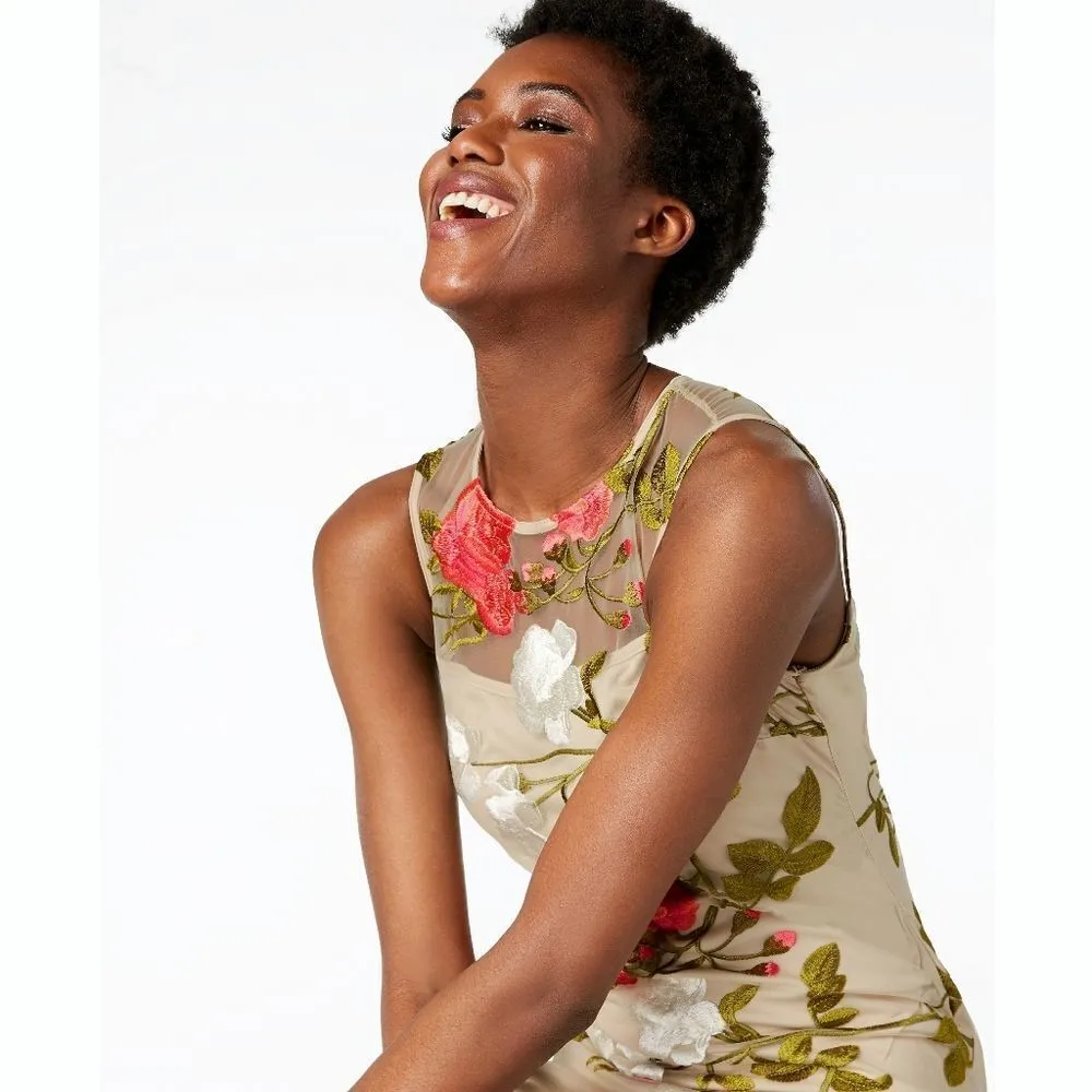 New! CALVIN KLEIN Women's Floral Embroidered Sheath Dress Size 8 Color Cork - Image 4