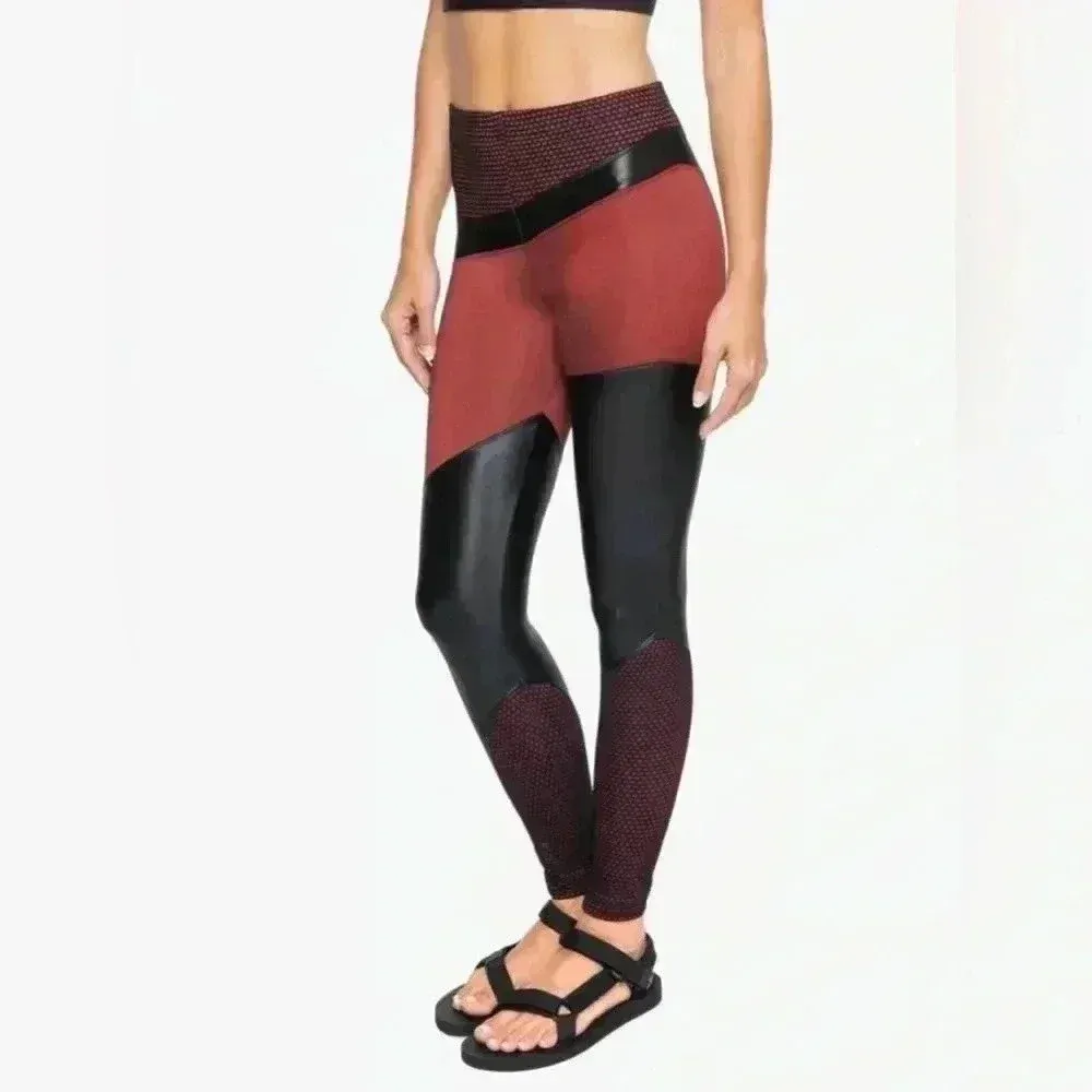 Koral Black Red & FishNet Asymmetric‎ Color Block Athletic Yoga Leggings Size M - Image 2
