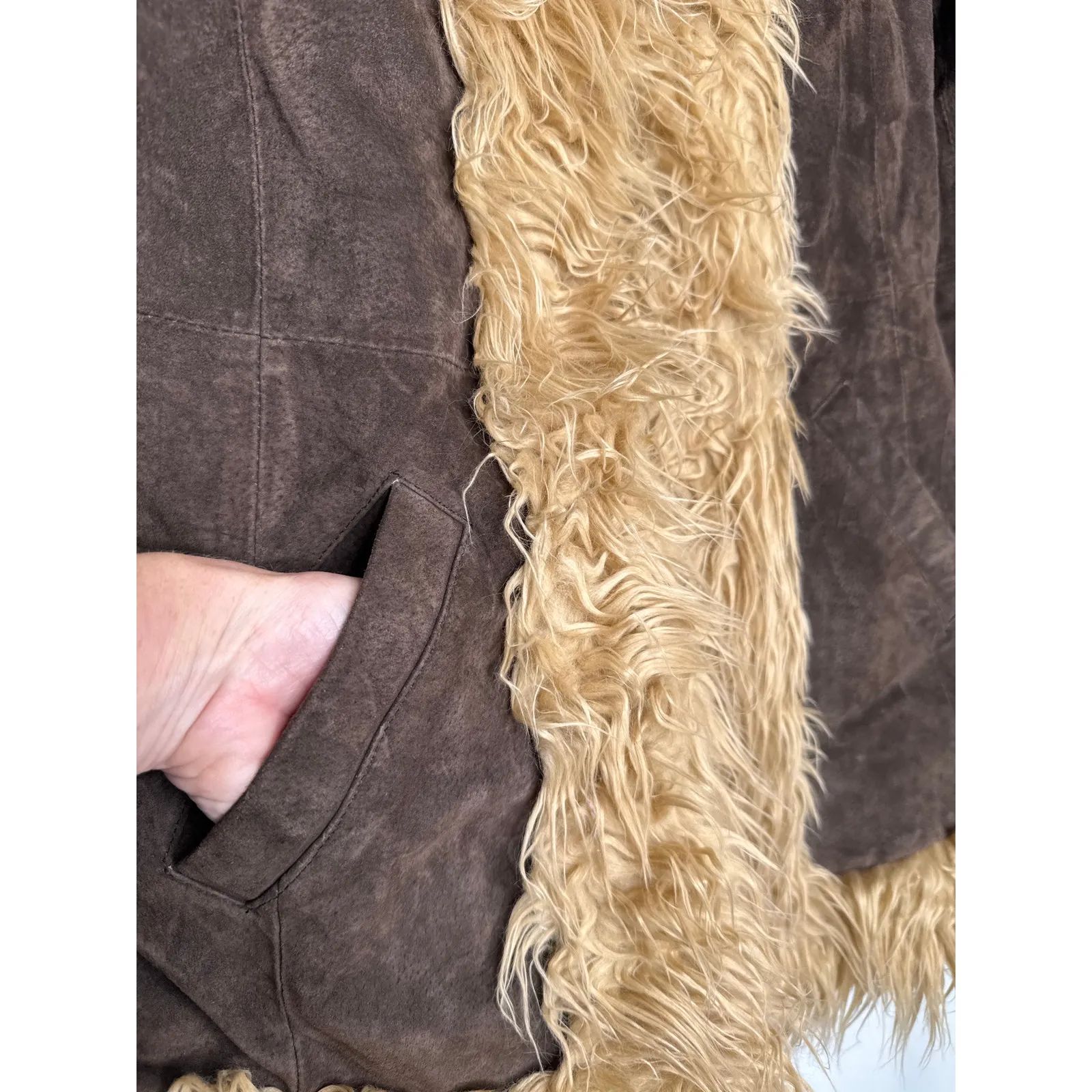 Y2K dELiA*s Suede Faux Fur Trim Jacket – Brown Shaggy Coat Size M (1990s/2000s) Tan Size M - Image 8