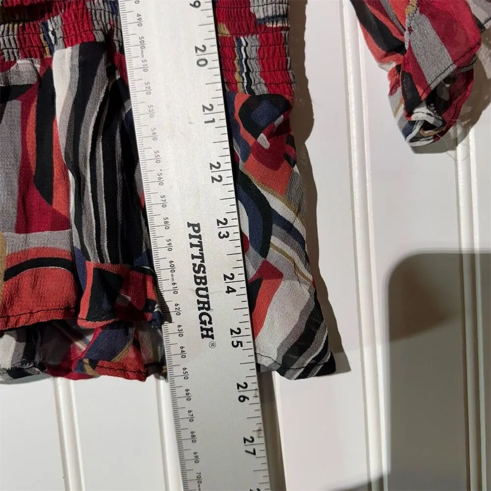 JM Collection Boho Sheer‎ Abstract Tunic Blouse Geometric Retro Button Front 14 - Image 5