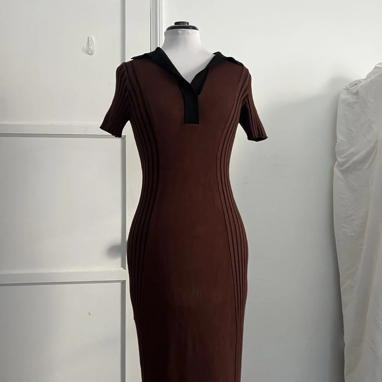 House of Harlow 1960 Ribbed Knit Polo Maxi Dress Brown Short Sleeve S - Image 3