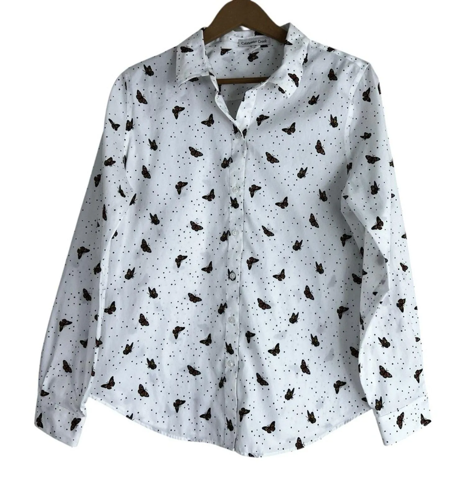 Coldwater Creek Button Down Shirt Womens 12 White Butterfly 100% Cotton Whimsy - Image 1