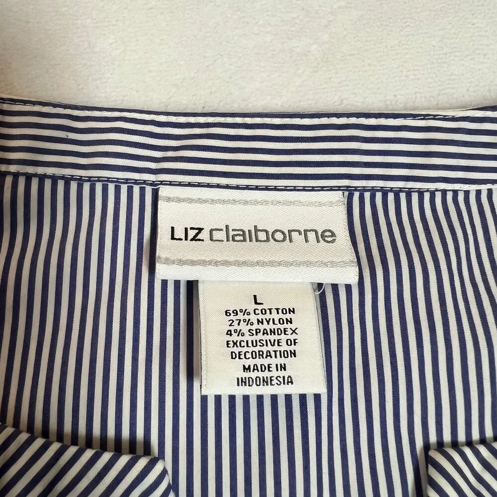 Liz Claiborne Split Neck Stripe Popover Blouse Size L Embroidered Floral Coastal - Image 4