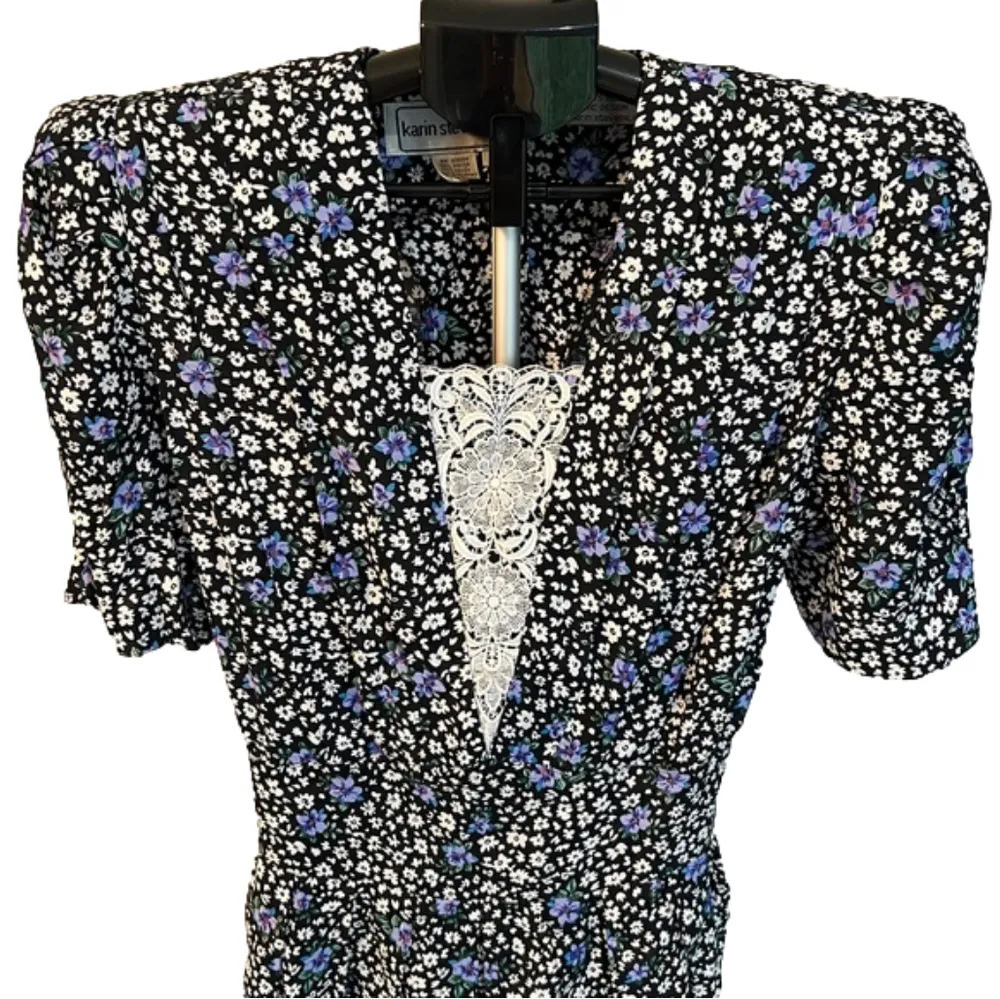 Karin Stevens vintage floral midi dress, lace inlay, size 10 EUC - Image 3