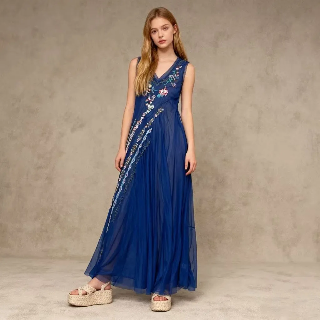 NWOT Johnny Was Biya Mazzy Bias Embroidered Floral Blue Mesh Maxi Dress Sz M - Image 2