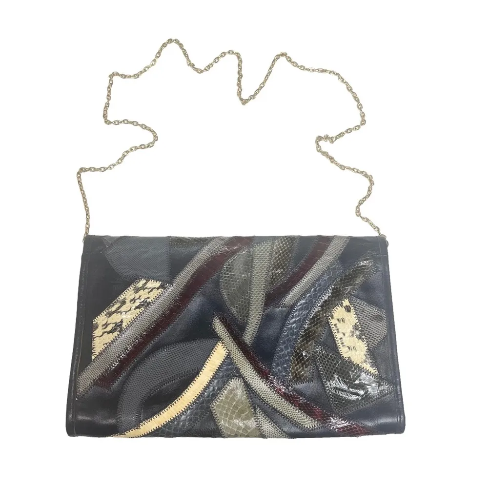 Vintage 70’s: Varon 𐮛 Snakeskin Patchwork Convertible Clutch Bag 𐮛 Midnight - Image 9