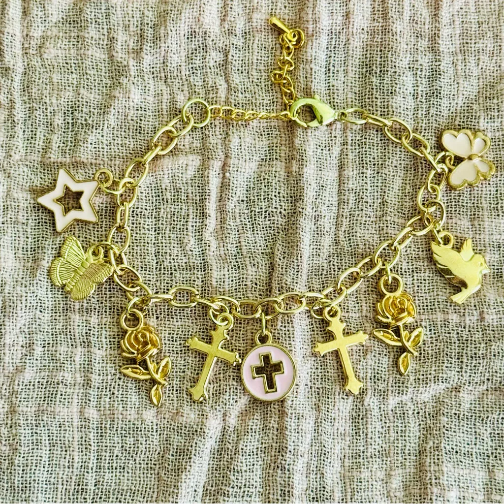 Gold Charm Bracelet with Cross and Butterfly Accents - Image 4