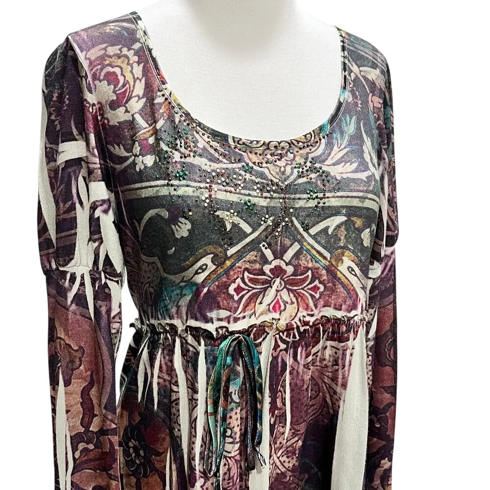 BLEU Y2K Blouse S Multicolor Floral Paisley Embellished Fairy Grunge Boho Top Brown - Image 2