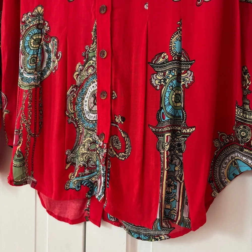 Anthropologie Maeve Size 2 Red Whimsy Printed Clock Sun Button Down Shirt Blouse - Image 8