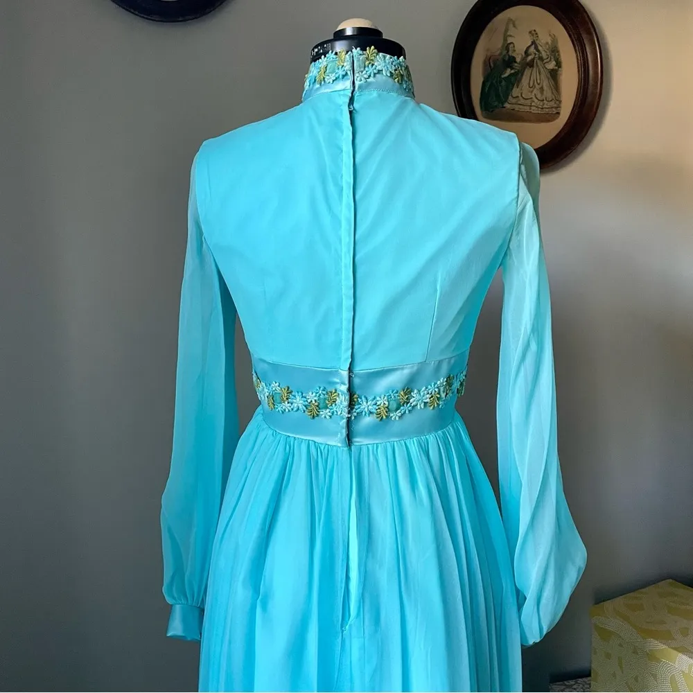 VINTAGE 1960s mod gown in teal with floral ribbon and chiffon Size 0 - Image 8