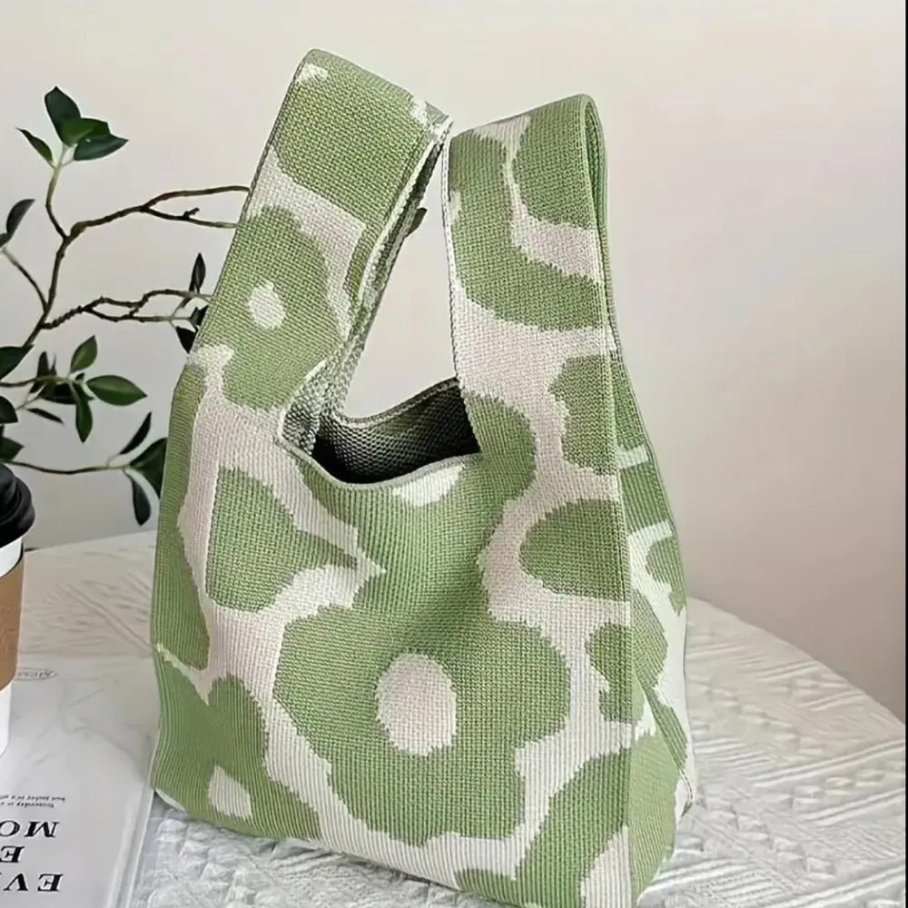 Floral Pattern Plaid Knitted Style Korean Style Aesthetic Knotted Wristbag Woven Green - Image 12