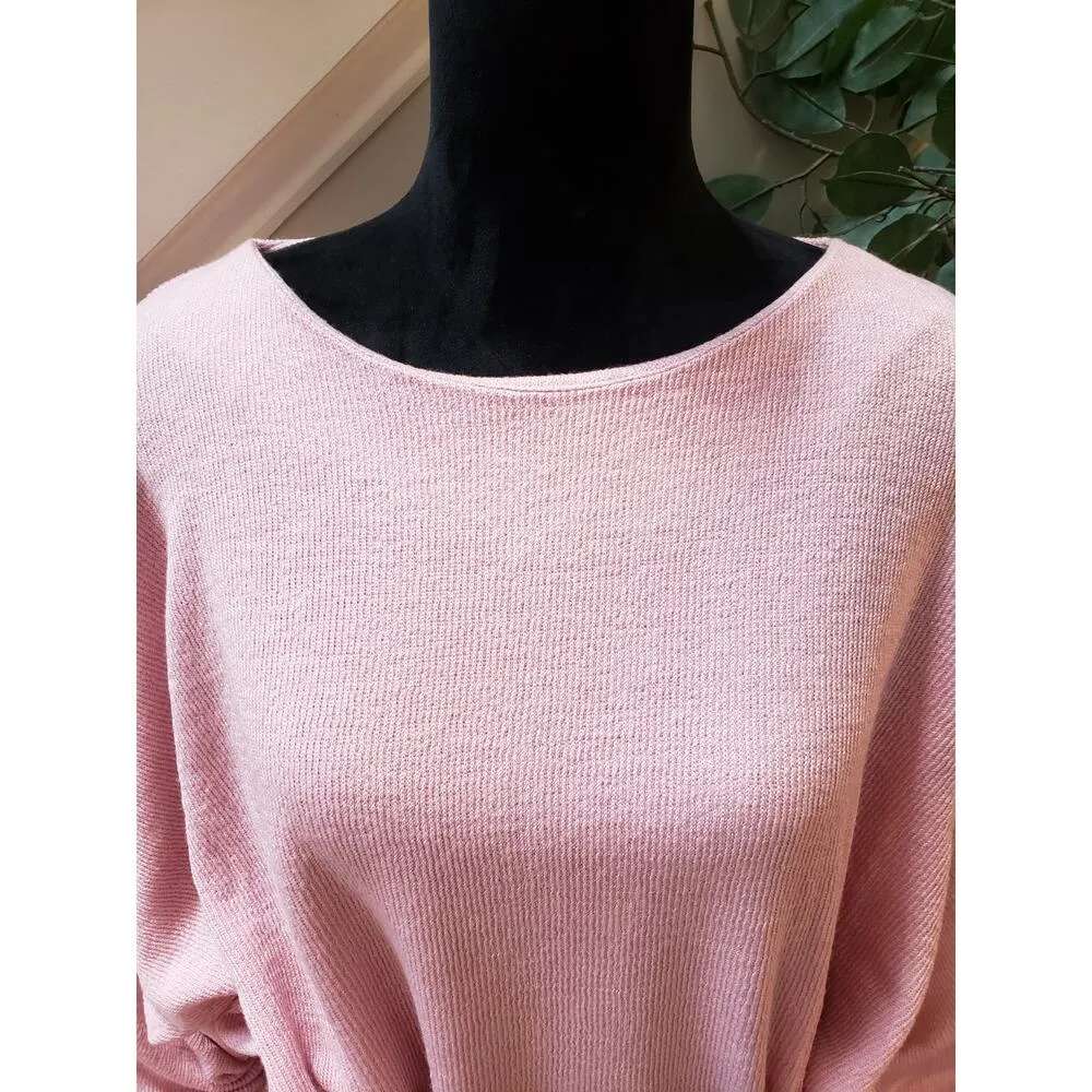 Balkan Sweater Womens Medium Pink Knitted High Low Bow Back Round Neck Pullover - Image 2