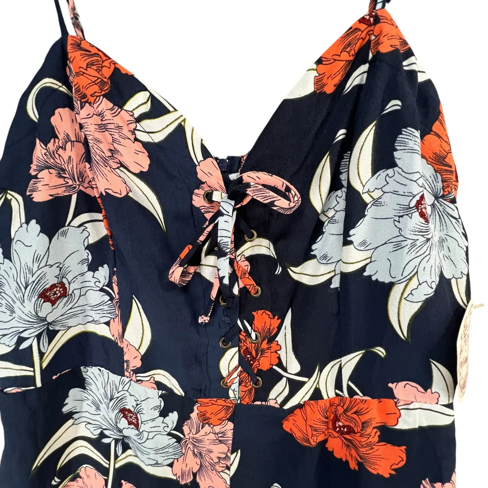 Gypsies & Moondust Jumpsuit XL Navy Blue Floral Lace Up Wide Leg Tropical Boho - Image 4