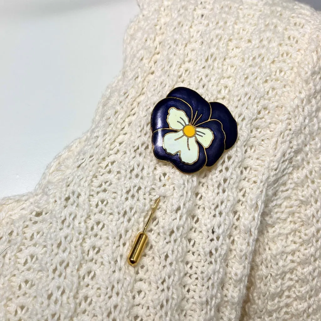 Vintage 70s Pansy Cloisonné Enamel Purple Flower Gold Tone Stick Pin Retro 2.5” - Image 6