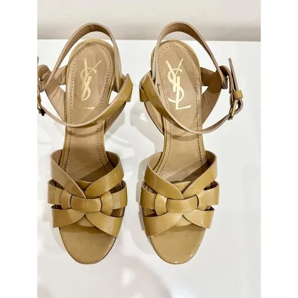 Yves Saint Laurent Tribute Patent Leather Ankle Strap Platform Sandals Nude 36.5 Size 6 - Image 2