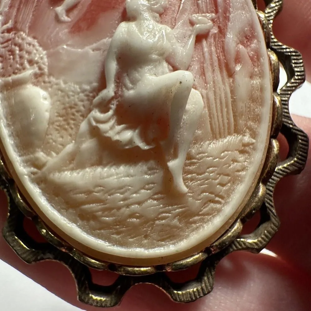 Vintage Cupid Cameo Brooch Pin Gold Tone Angel Fairy Flying Over Woman - Image 4