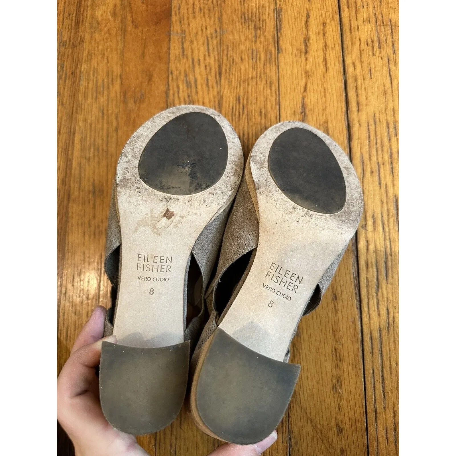 Eileen Fisher Milton Linen Suede Shoe Womens Taupe Peep Toe Sandal Size 8 - Image 8