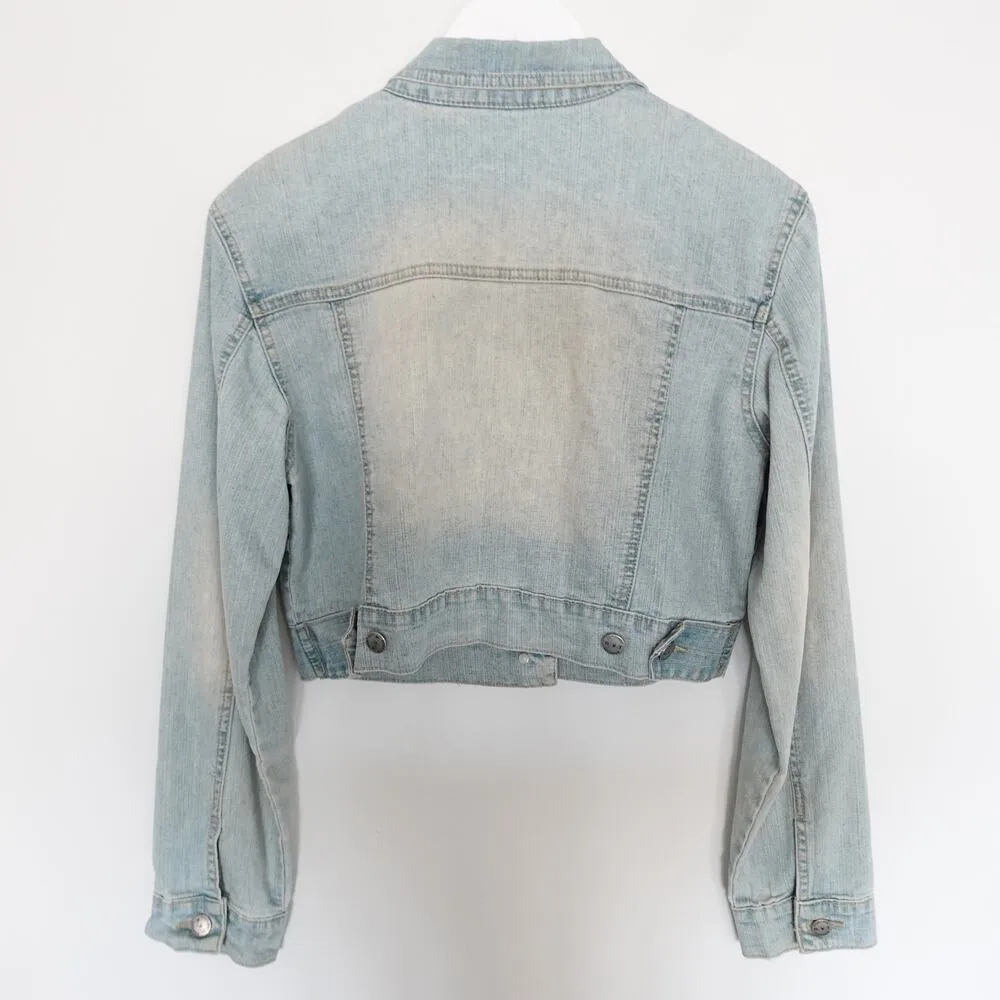 Vintage Y2K Butterfly Sequin Beaded Embroidered Light Wash Denim Jean Jacket Size M - Image 2