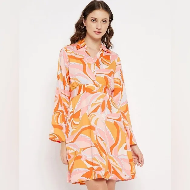MNG Women’s Geometric Print Shirt Dress, Pink/Orange/Yellow, Size 20 - Image 4