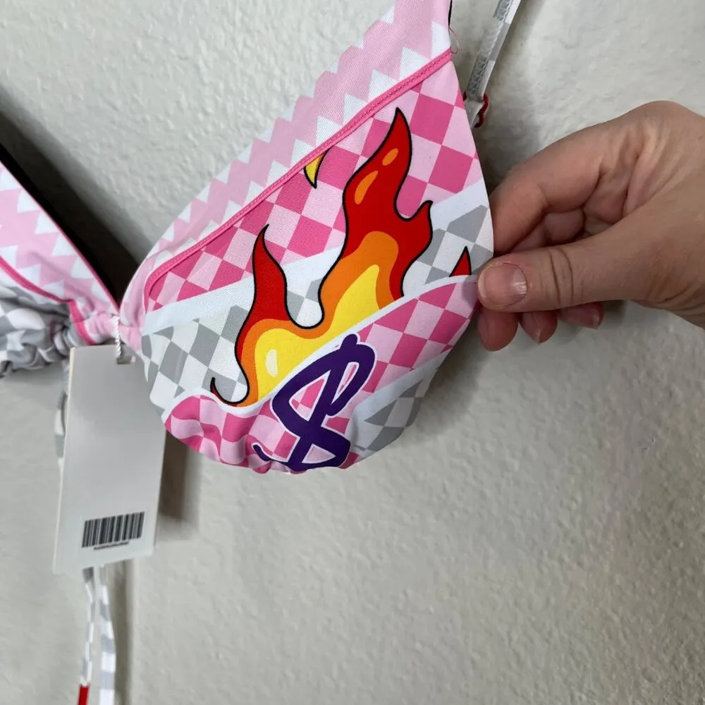 Sprayground Womens Triangle WTF Art Bikini Top Pink Tiger & Flame Print Size L - Image 4