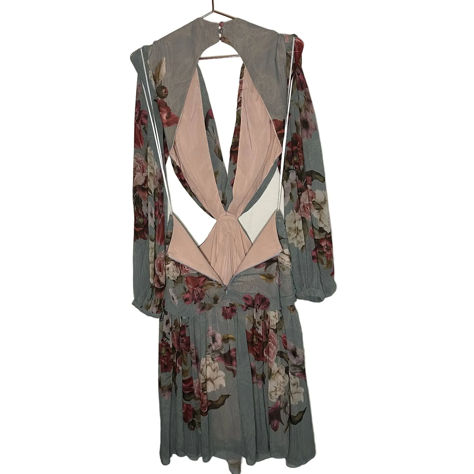 PatBo Peony Print Cutout Midi Crepe Long Sleeve Blue Pink Dress US Size 12 - Image 6