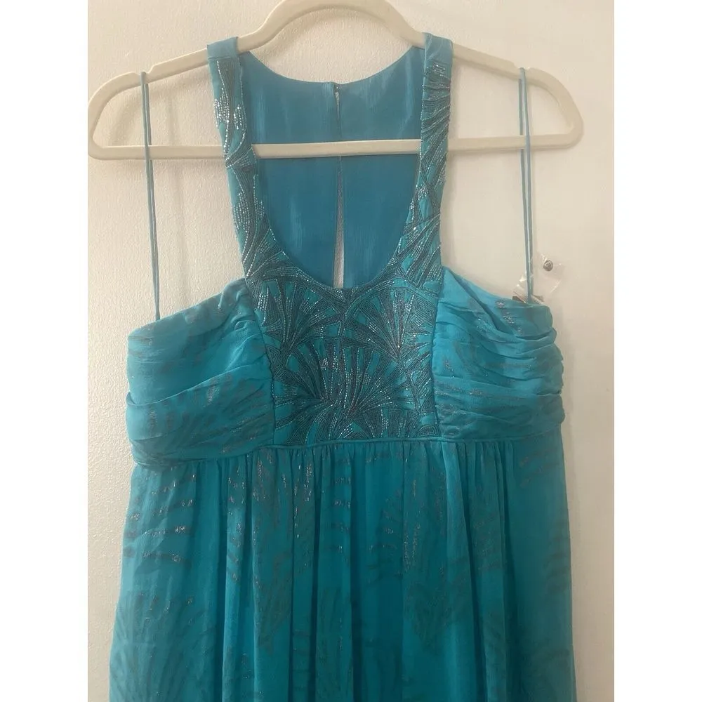 Nicole Miller Designer Maxi Dress Teal Green Gold Beaded Gown Size 10 NWT - Image 2