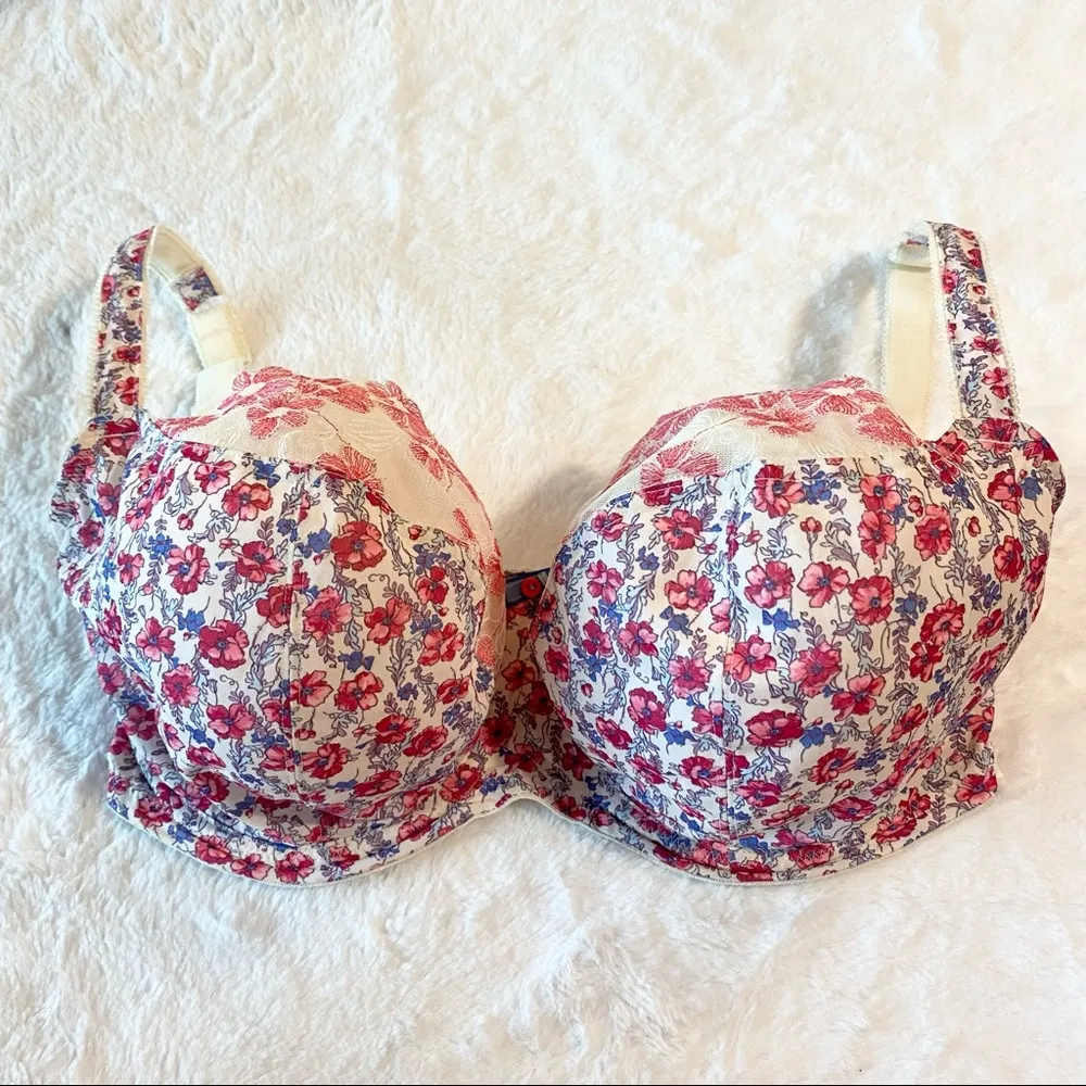 Cleo by Panache Cream & Pink Floral Lace Balconnet Bra Size 28J - Image 3