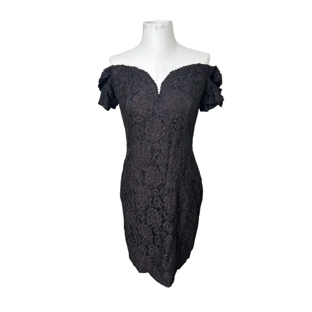 Vintage 80s LBD Lace Sheath Cocktail Party Dress Off the Shoulder Black 12 Glam - Image 2