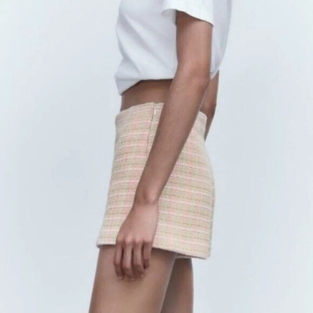 ZARA Tweed Micro Mini Pink Green Skort Size L NEW - Image 5