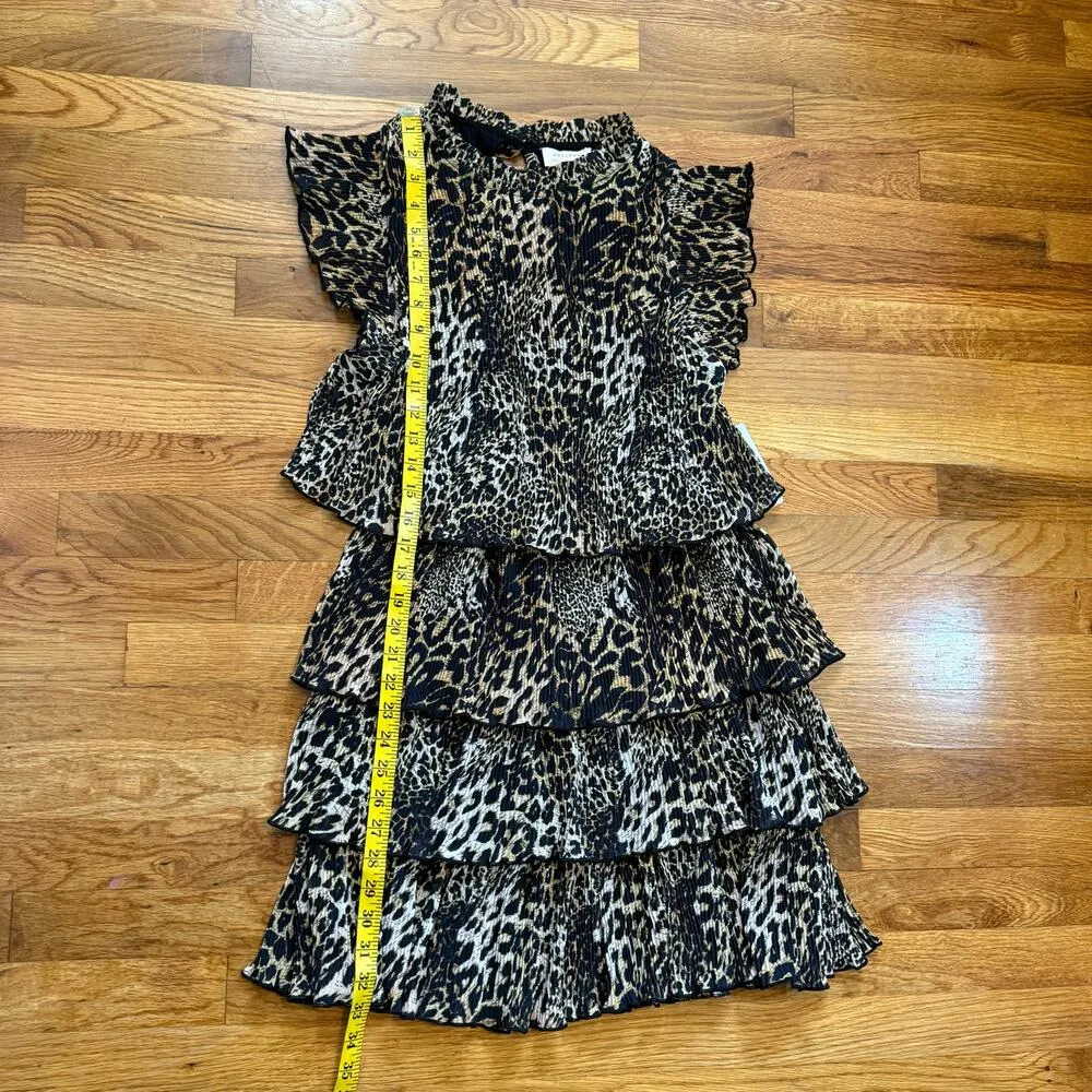 Melloday Womens Small Cheetah Print Animal High Neck Short Sleeve Ruffle Dress - Image 5