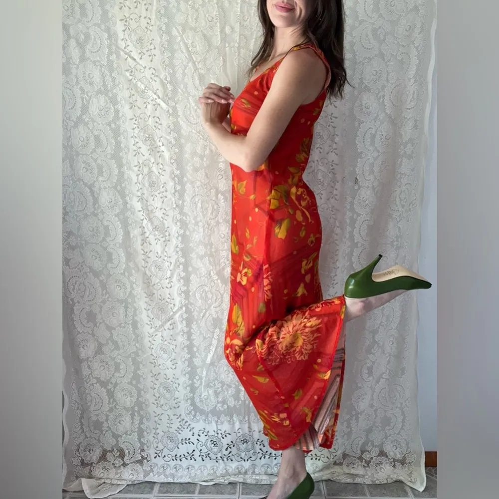 Vintage 90s Tangerine & Red Reversible Floral + Geometric Mesh Maxi Dress - Image 7