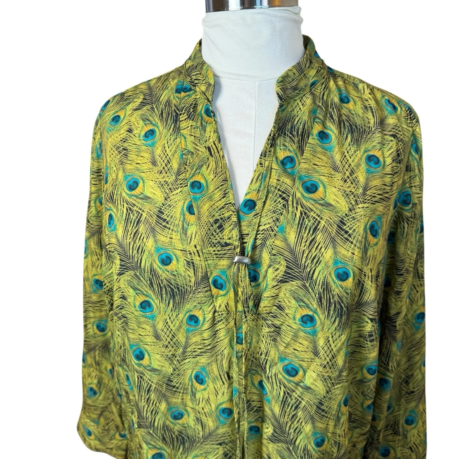 The‎ Limited Green Peacock Print Tie Neck Button Up Blouse 2X Office Statement - Image 2
