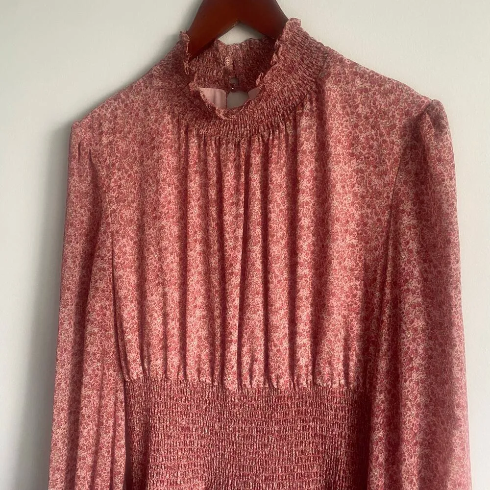 Bardot Georgette Soft Floral-Print Mini Ruffle Dress Chiffon Smocked Pink Size 8 - Image 5