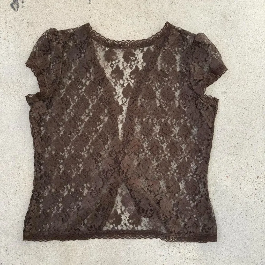 Brown sheer lace tie front top // plus size Size XXL - Image 4