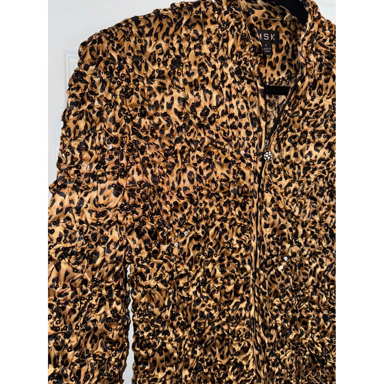 MSK Animal‎ Print Sequin Embellished Crinkle Zip Up Jacket Small Brown - Image 2