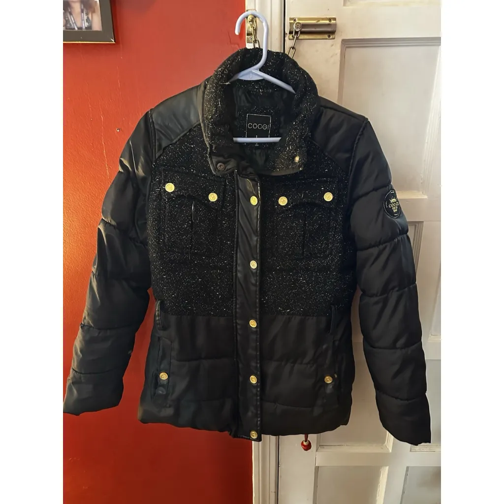 COOGI  Women's Black Tweed Puffer Jacket Gold Buttons Large - Image 2