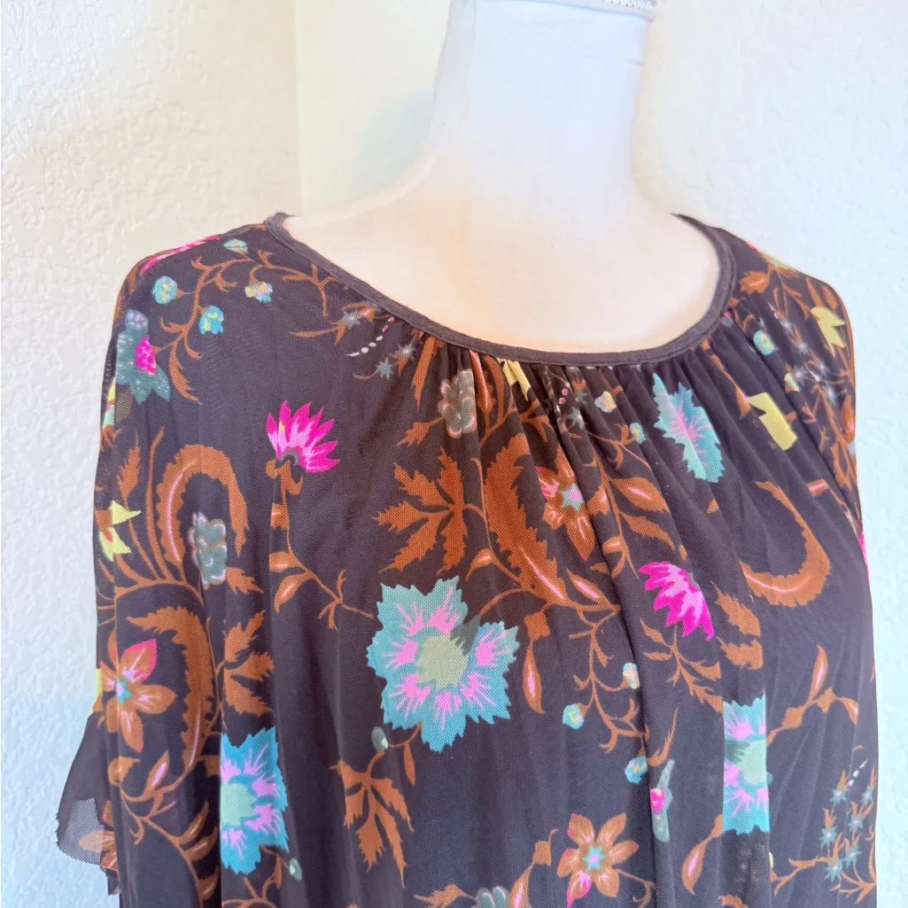 Free People Wildflower top black‎ tiered mesh sleeves bubble hem M - Image 3