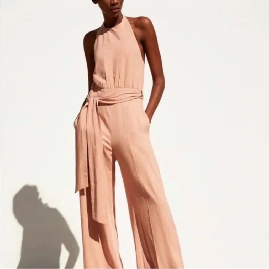 NWT Zara Mauve Viscose Linen Blend Wide Leg Sleeveless Halter Jumpsuit Pockets L - Image 3