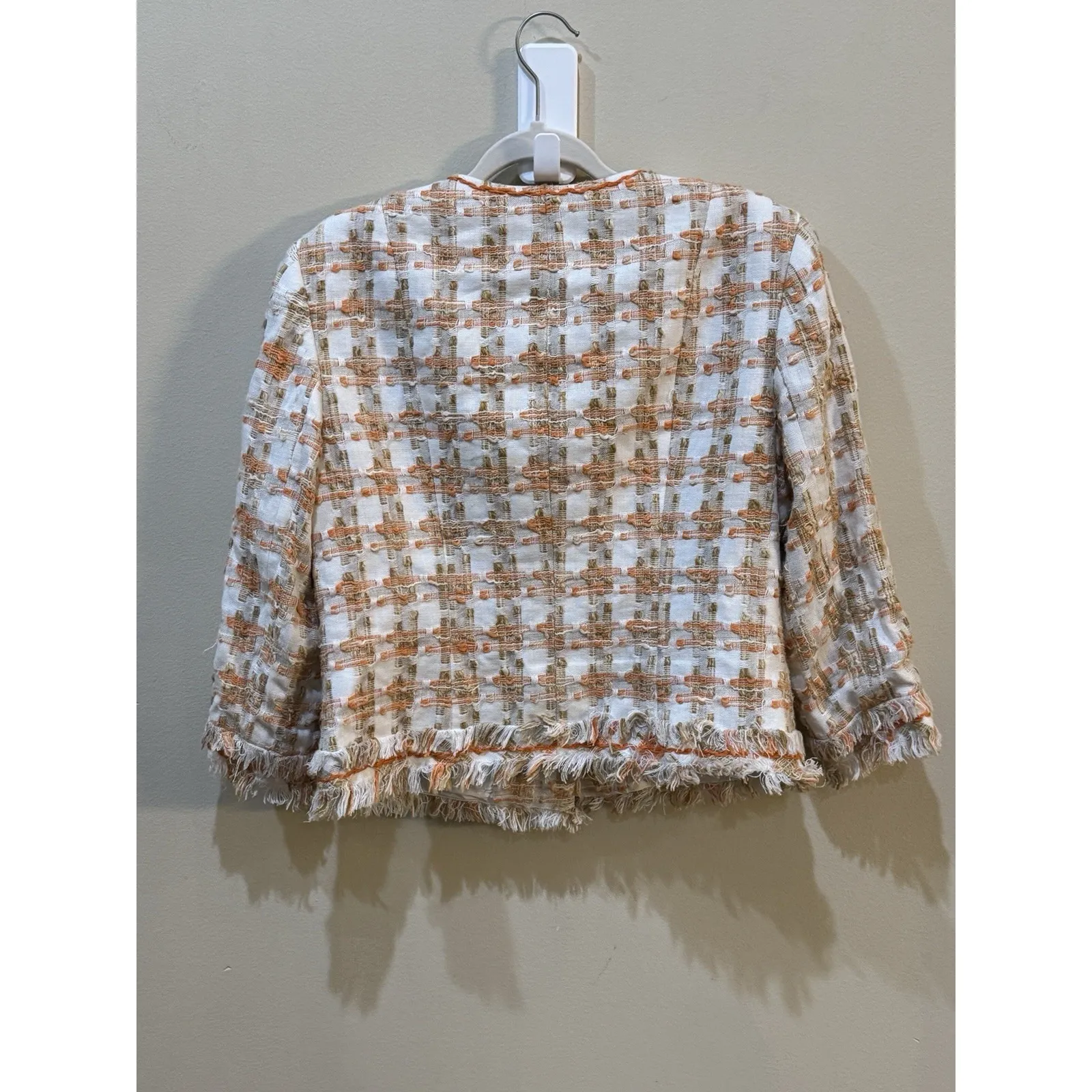 ETCETERA Linen Fringe Snap Front Cropped Jacket Blazer Size 12 White Orange‎ - Image 3