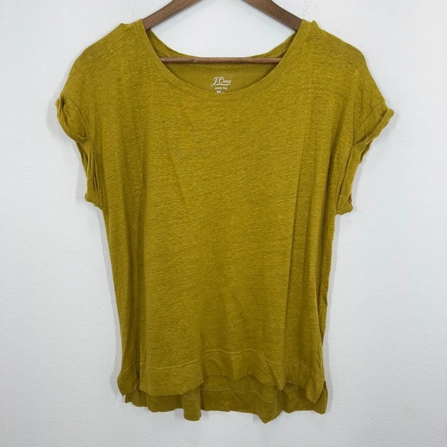 J Crew Mustard Yellow 100% Linen Tee Shirt Women Medium Rolled Sleeve Casual Top - Image 2