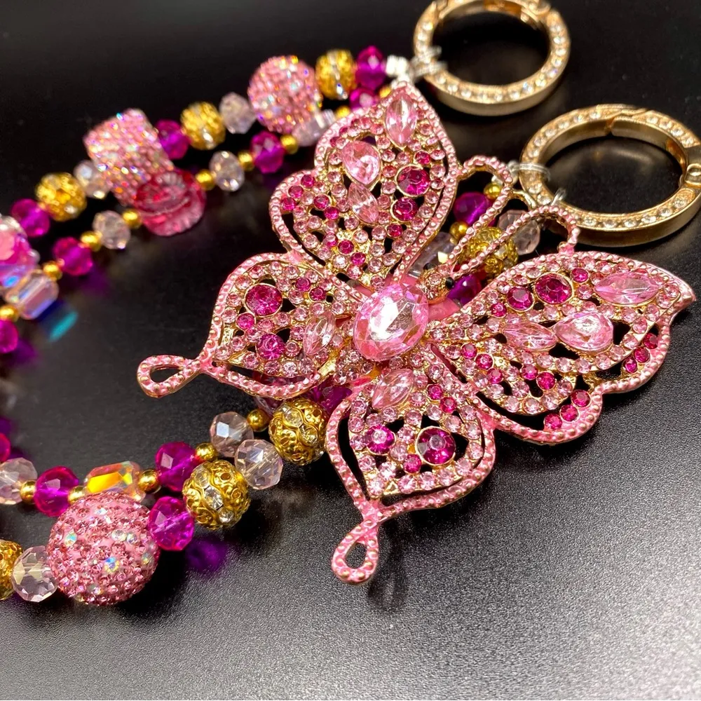 🩷Luxury Bag/Phone Chain Charm/Keychain Pink Rhinestone Butterfly Crystal Beads - Image 4