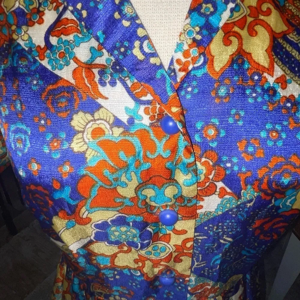 Vintage Floral Handmade Dress Retro 70s Button Front Medium Blue - Image 4