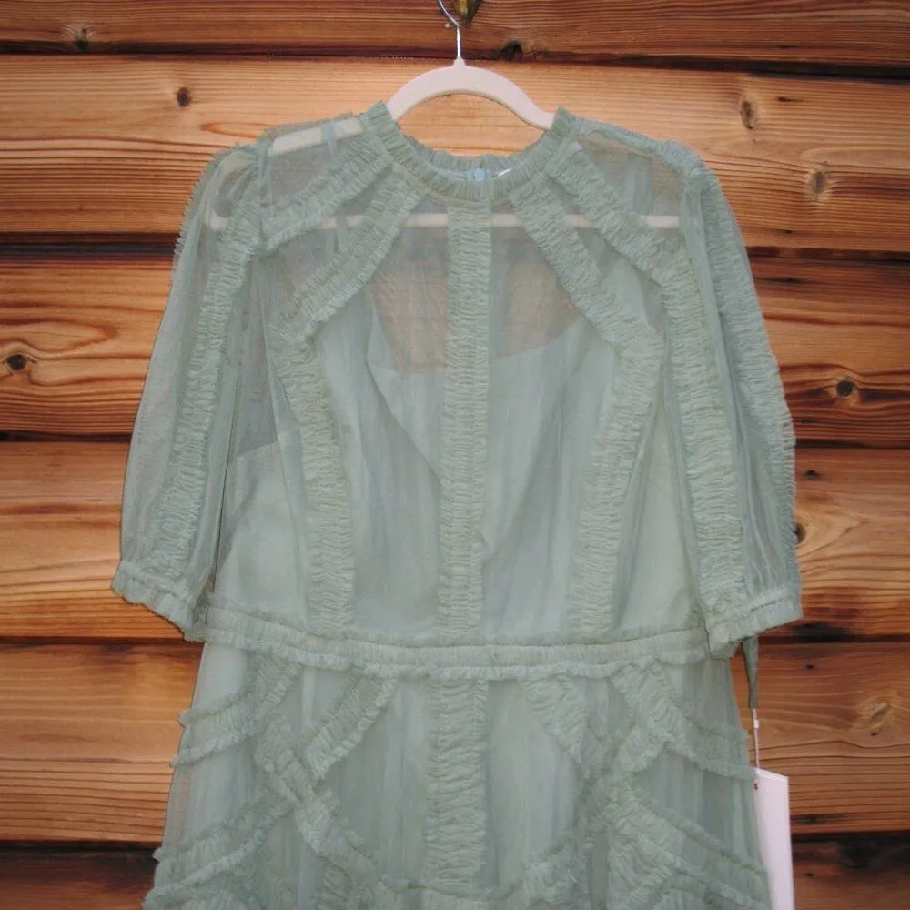 MAC DUGGAL 8058 Green High Neck Micro Ruffle Tiered Midi Dress - Image 8