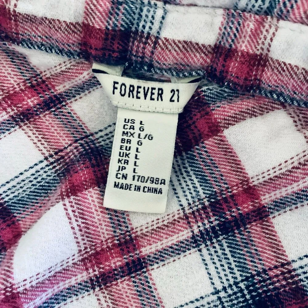 Forever 21 Red, Navy & White Plaid Flannel Button-Down Tunic Tank Shirt | Size L - Image 10
